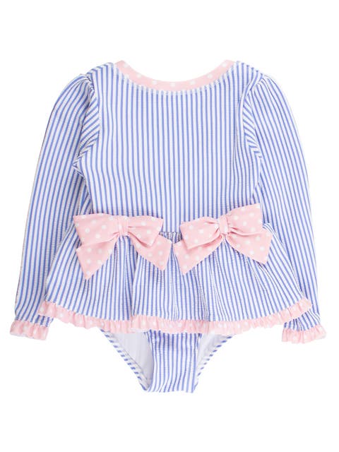 UPF50+ Seersucker Long Sleeve One Piece Bow Peplum Rash Guard Swimsuit
