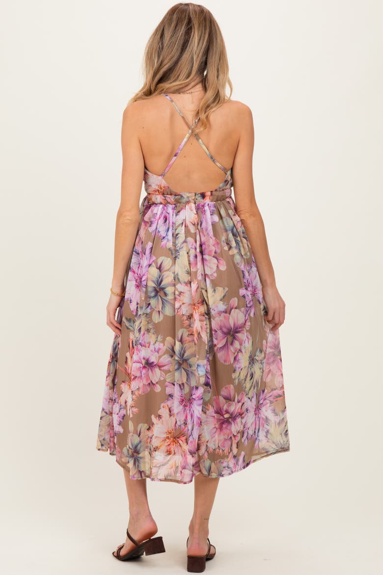 Floral Open Back Midi Dress, Alternate, color, Mocha