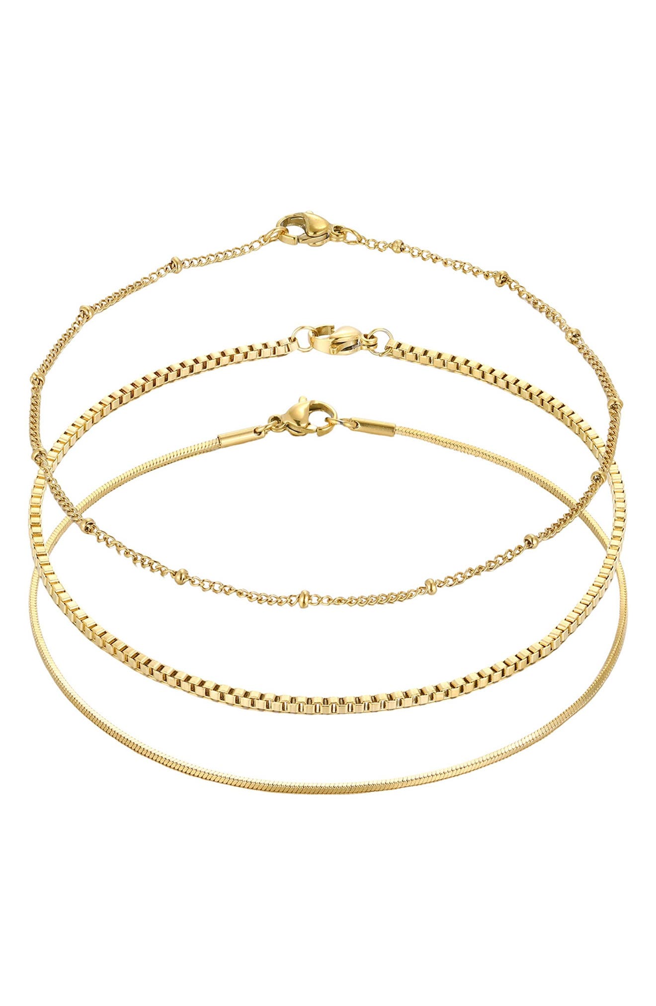 Adornia Set of 3 Tarnish Resistant 18K Gold Plated Chain Anklets