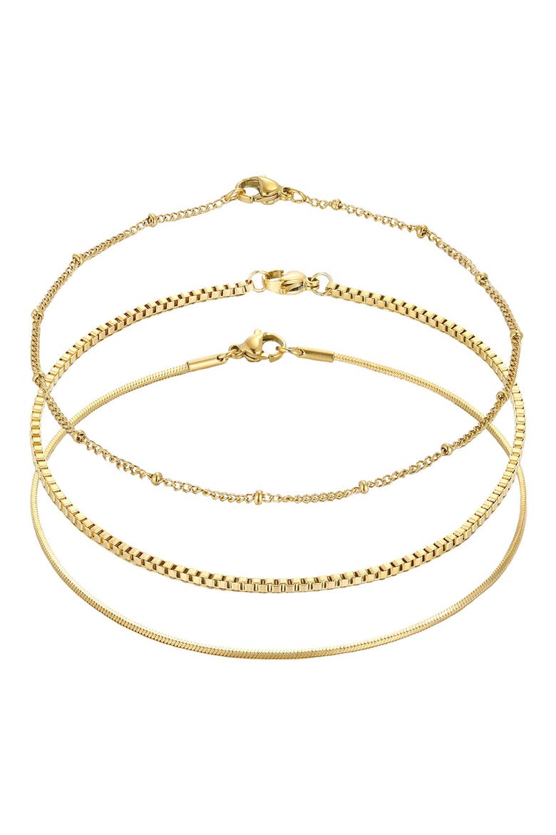 Set of 3 Tarnish Resistant 18K Gold Plated Chain Anklets, Main, color, GOLD