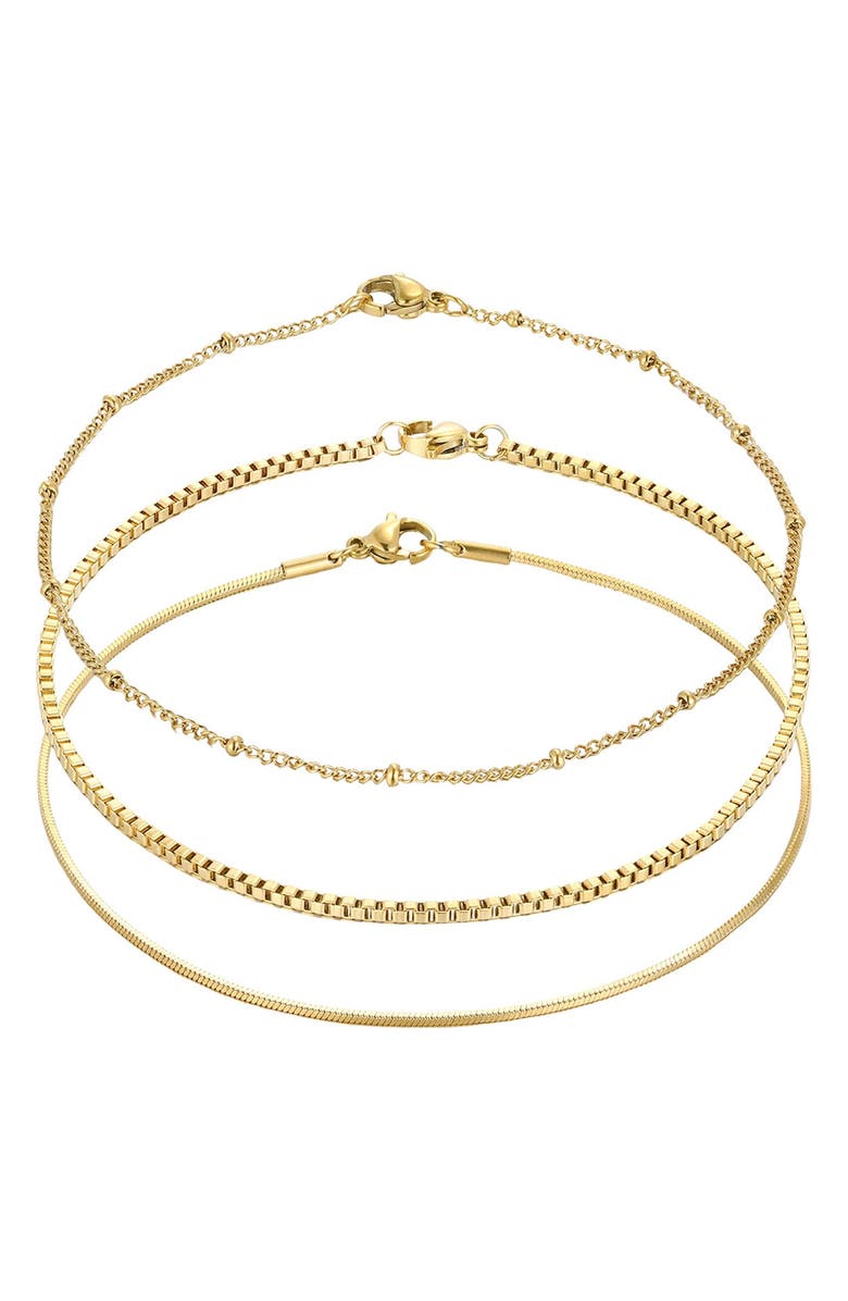Adornia Set of 3 Tarnish Resistant 18K Gold Plated Chain Anklets, Main, color, Gold