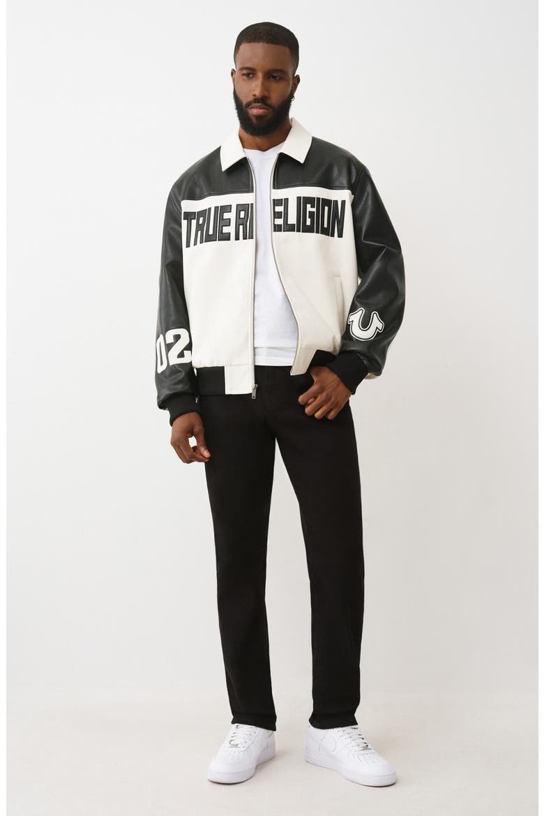 Faux Leather Racing Jacket, Alternate, color, JET BLACK / WINTER WHITE