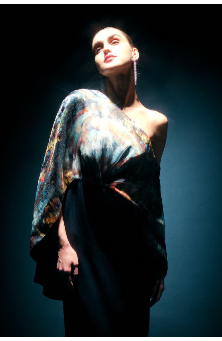 Theia Gisette One Shoulder Cape Gown, Alternate, color, 