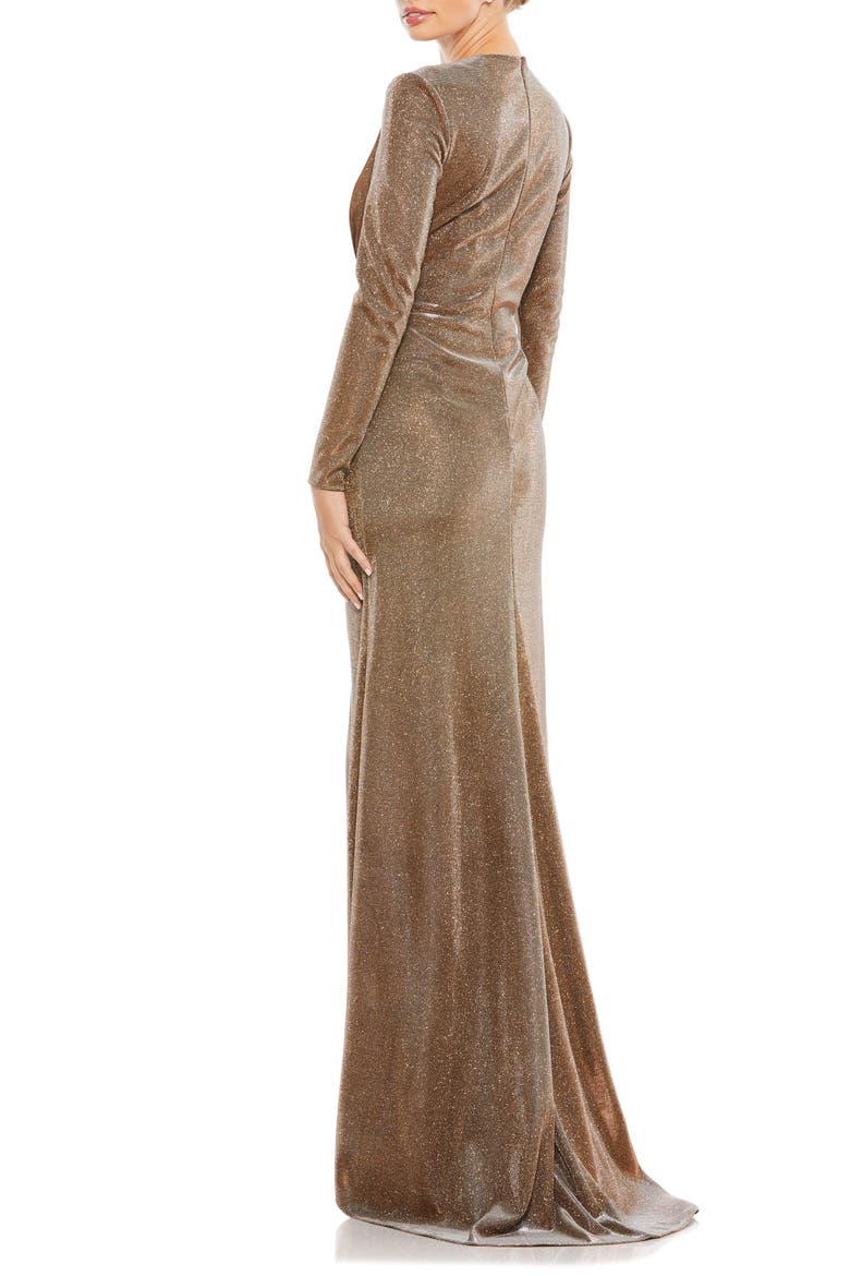 Sparkling Metallic Front Twist V Neck Long Sleeve Gown, Alternate, color, BRONZE