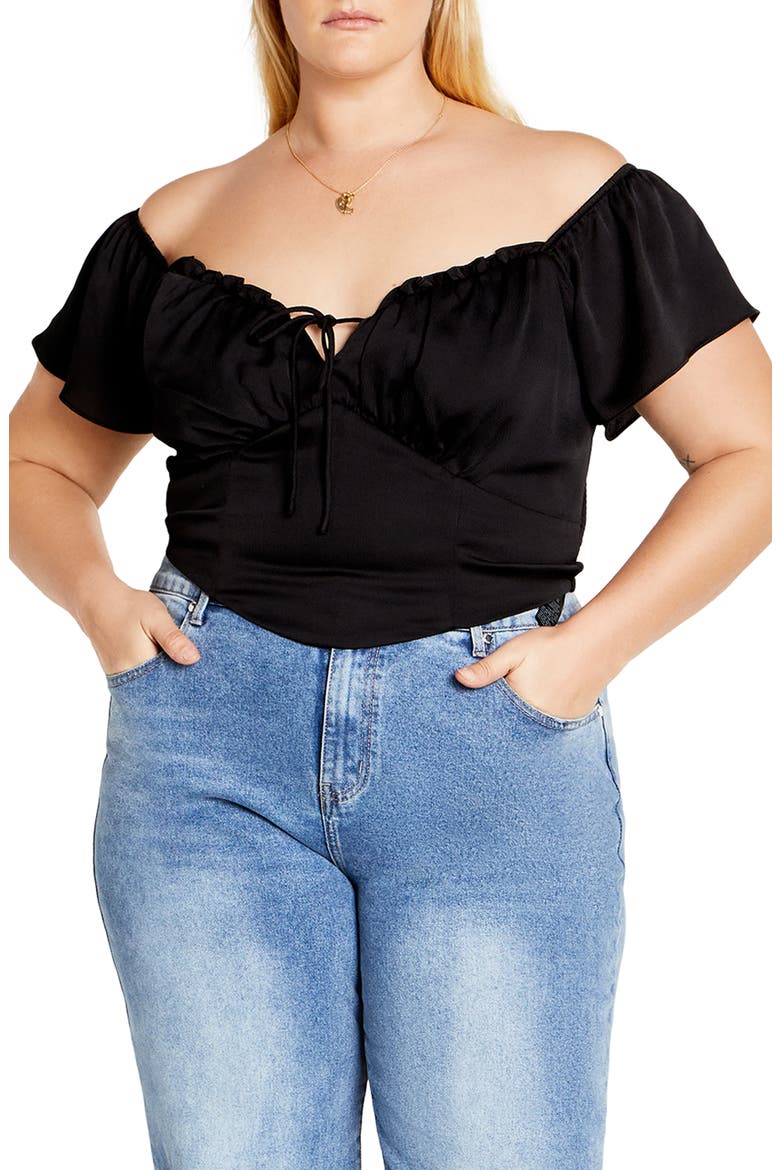 Mae Ruffle Off the Shoulder Crop Top, Main, color, BLACK