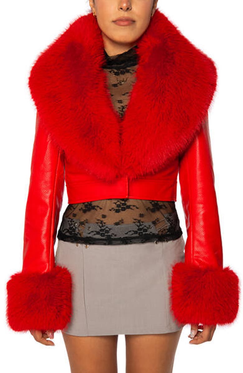 AZALEA WANG Gisele Faux Fur Trim Faux Leather Crop Jacket, Main, color, 