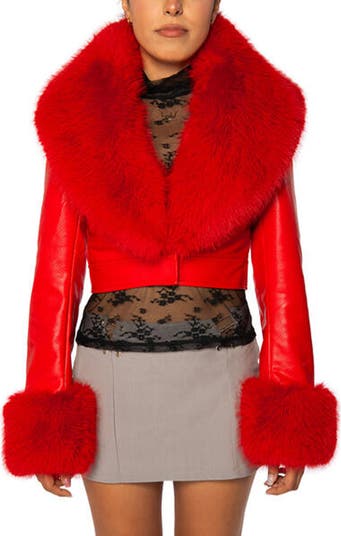 AZALEA WANG Gisele Faux Fur Trim Faux Leather Crop Jacket | Nordstrom