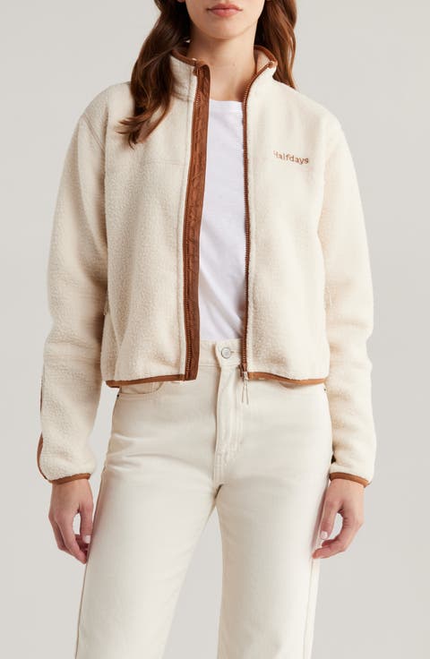 ムートン・ファーコート Left Real Fleece Crop Jacket Beige Women's Full Zipper Soft Fleece Jacket Long Sleeve Warm