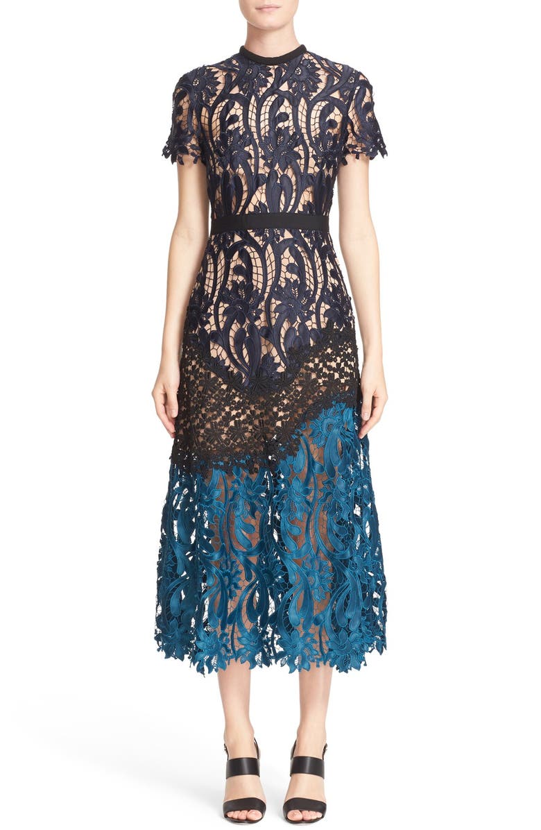 Self-Portrait 'Prairie' Mixed Lace Midi Dress, Main, color, 