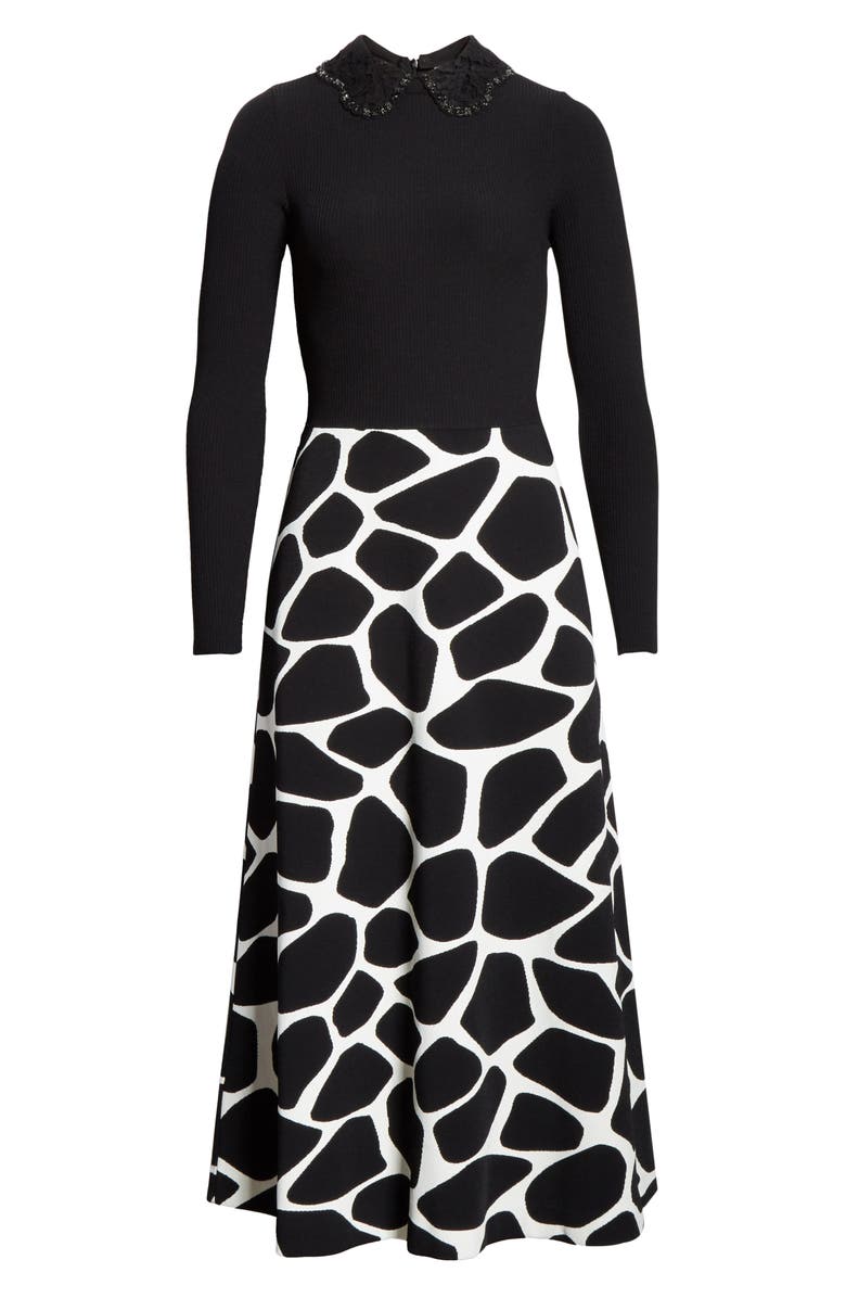 Valentino Contrast Bodice Giraffe Print Long Sleeve Midi Dress, Alternate, color, 