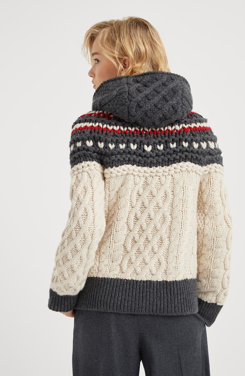 Brunello Cucinelli Handmade Mountain Cables OPERA cardigan in cashmere Feather yarn with hood, Alternate, color, 