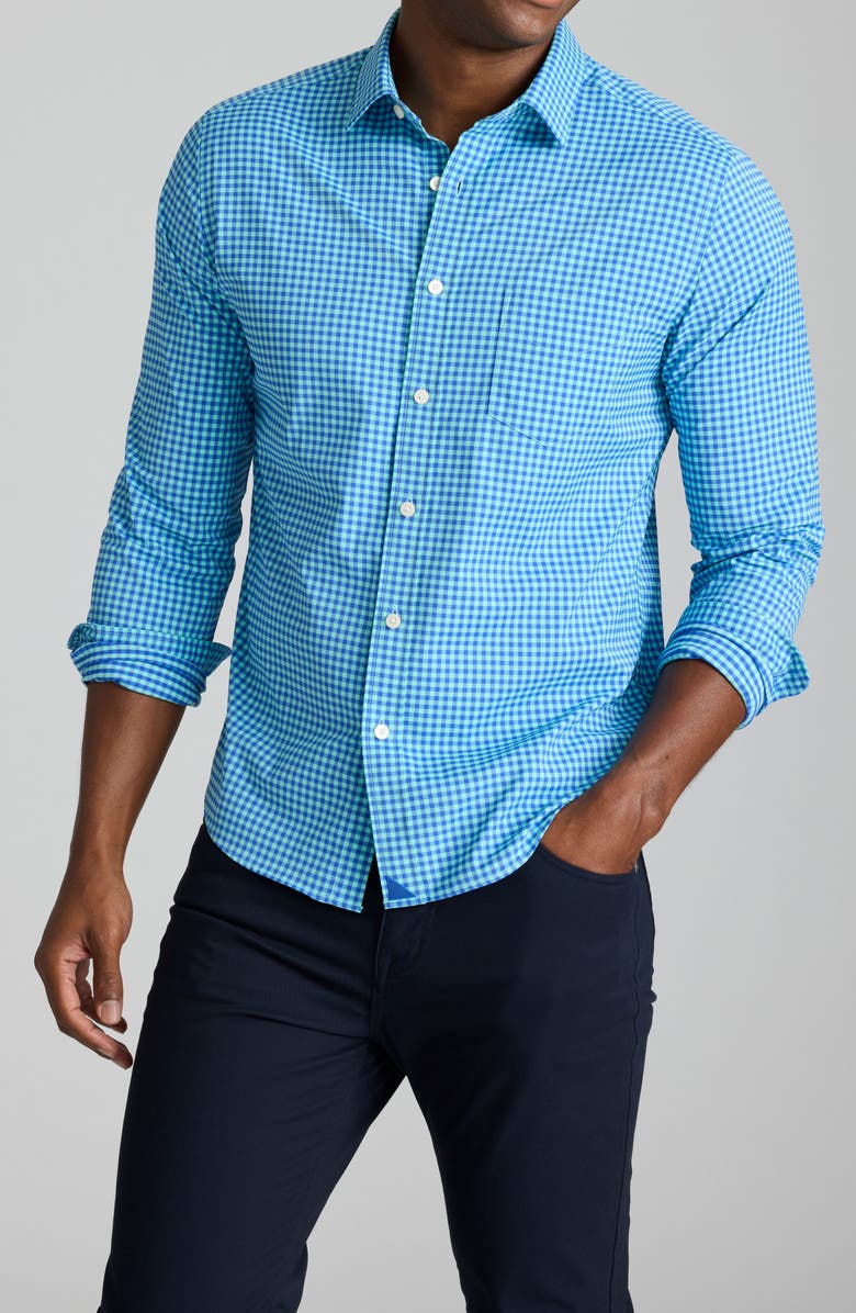 UNTUCKit Quinby Gingham Check Performance Button-Up Shirt, Main, color, Teal Blue