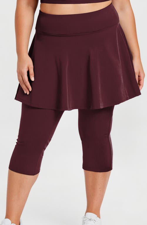 Calypsa Plus Size Flared Swim Skort With Capri Leggings In Burgundy
