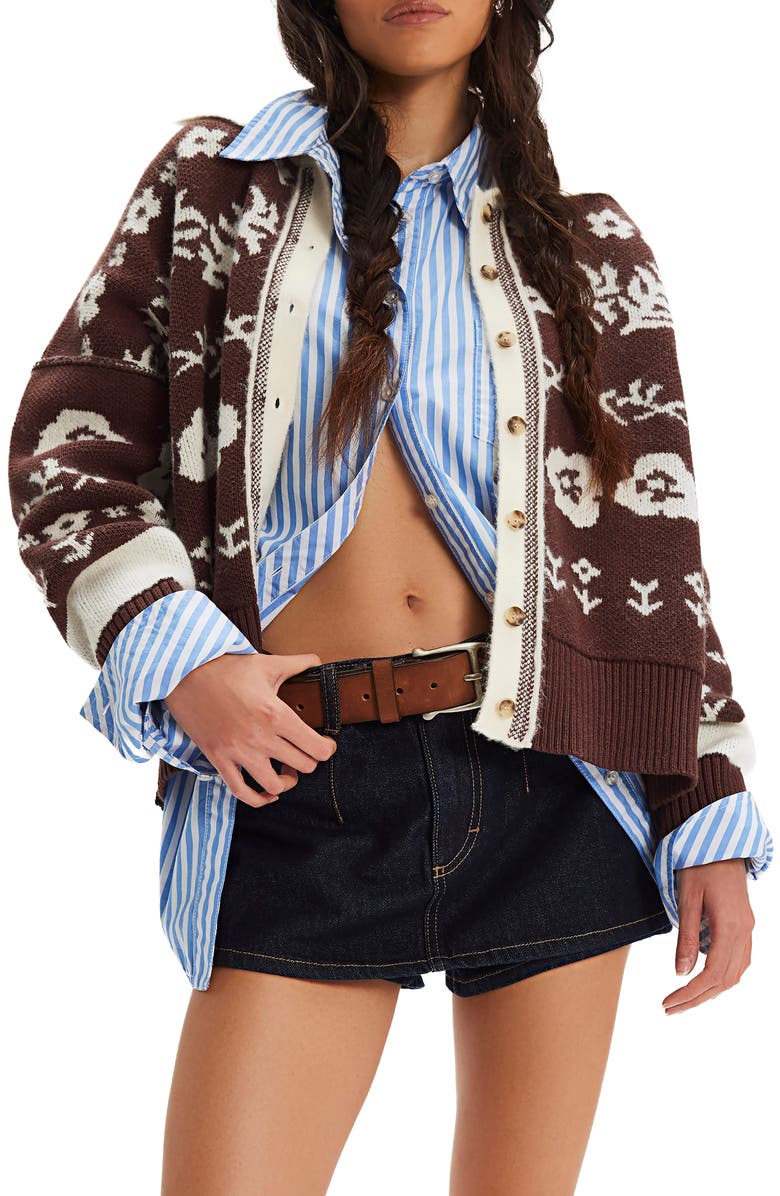 Free People Shelby Floral Jacquard Cardigan, Main, color, Chocolate Combo