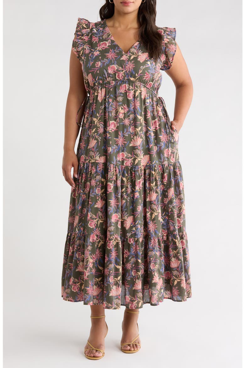 Floral Print Flutter Sleeve Maxi Dress, Main, color, OLIVE FROU FLORAL
