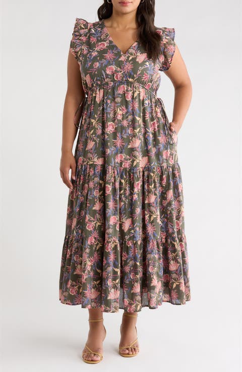 Floral Print Flutter Sleeve Maxi Dress (Plus Size)