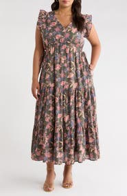 Treasure & Bond Floral Print Flutter Sleeve Maxi Dress