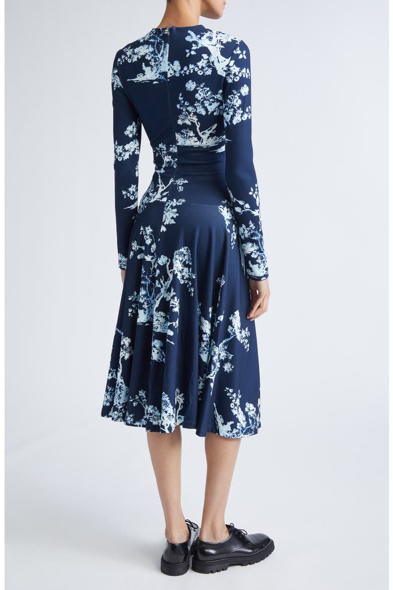 Print Long Sleeve Gathered Ponte Jersey Midi Dress, Alternate, color, CYANOTYPE ETCHING NAVY