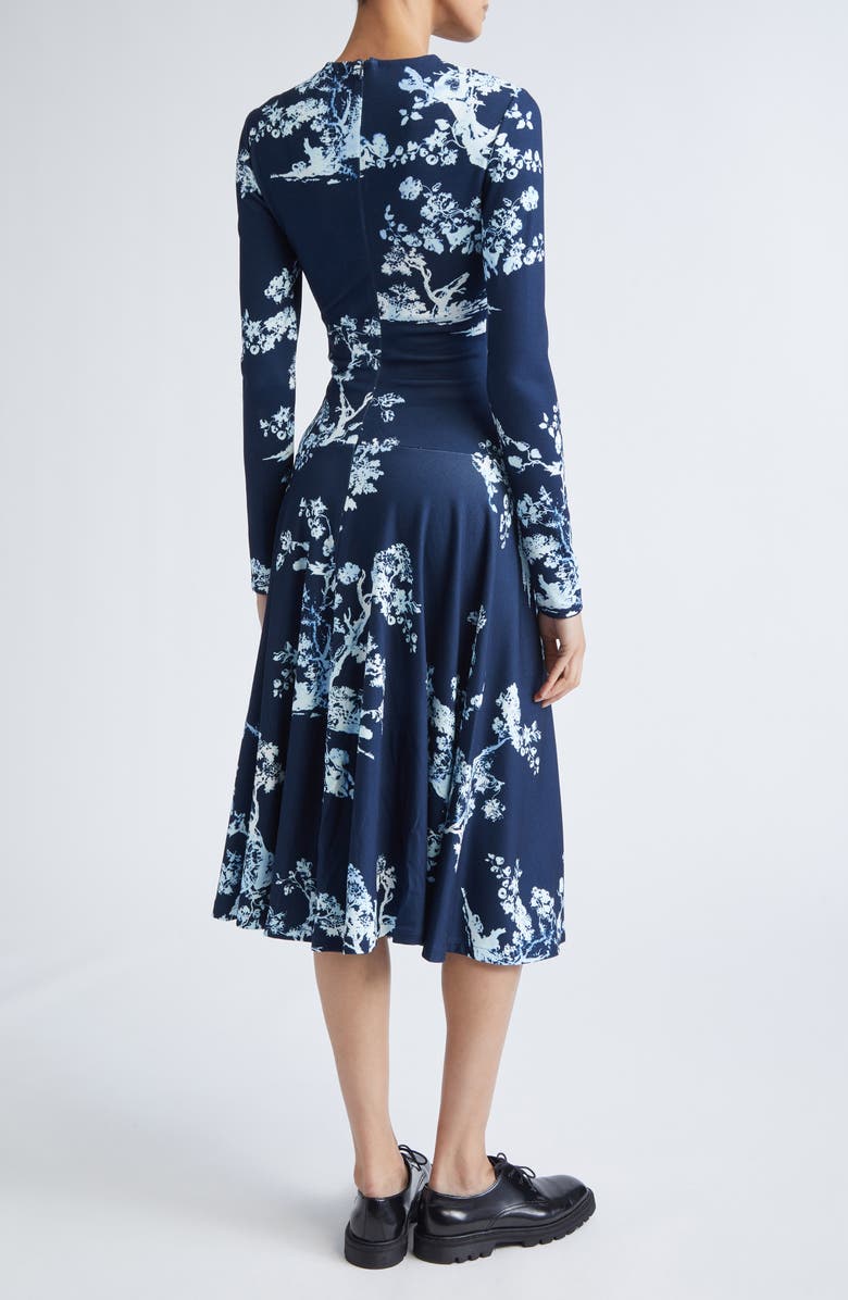 Erdem Print Long Sleeve Gathered Ponte Jersey Midi Dress, Alternate, color, Cyanotype Etching Navy