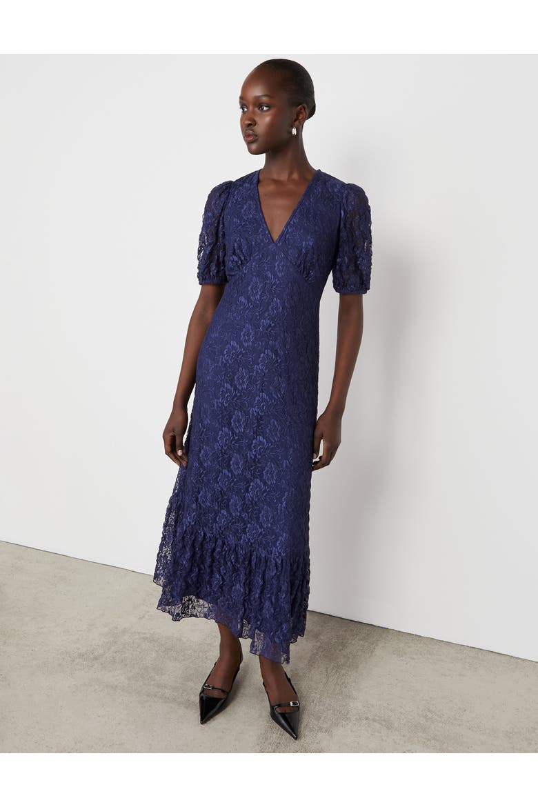 Loretta Short Sleeve Lace Midi Dress, Alternate, color, Navy