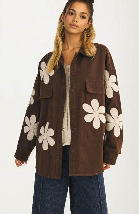 Button-Up Floral Appliqué Shirt Jacket