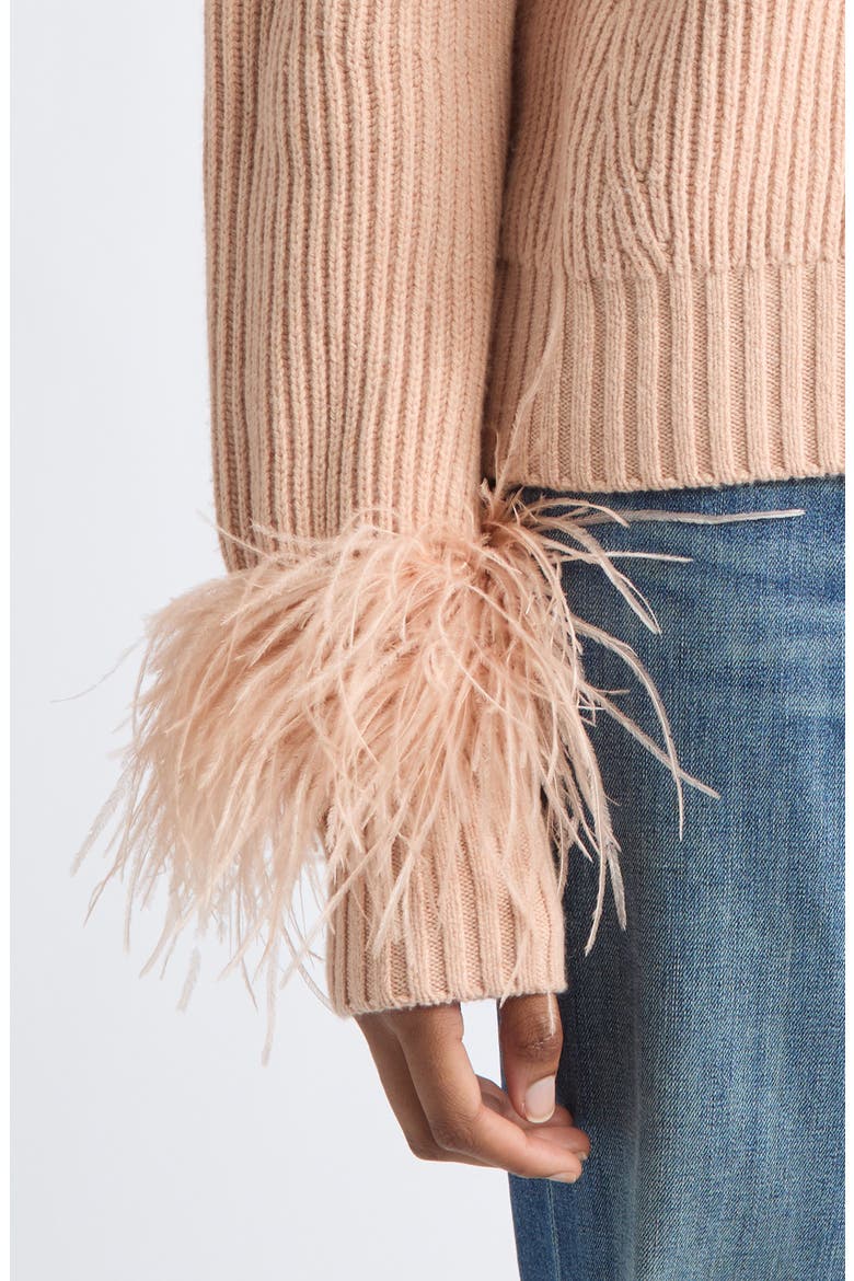 Laura Ostrich Feather Cuff Cardigan, Alternate, color, BLUSH