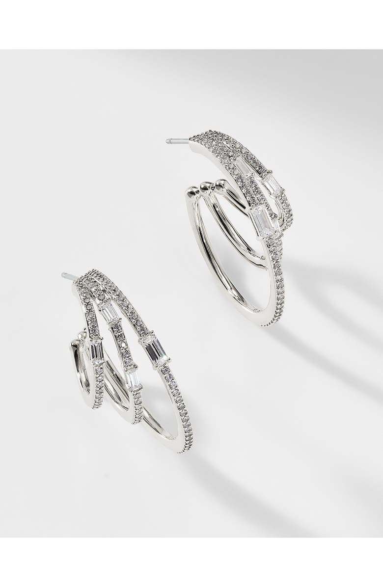 Nadri Triple Stack Hoop Earrings, Alternate, color, Rhodium