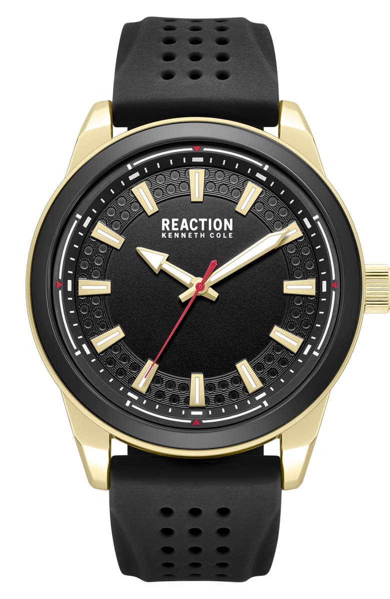 Kenneth Cole Reaction Perforated Silicone Strap Watch, 48mm, Main, color, Black