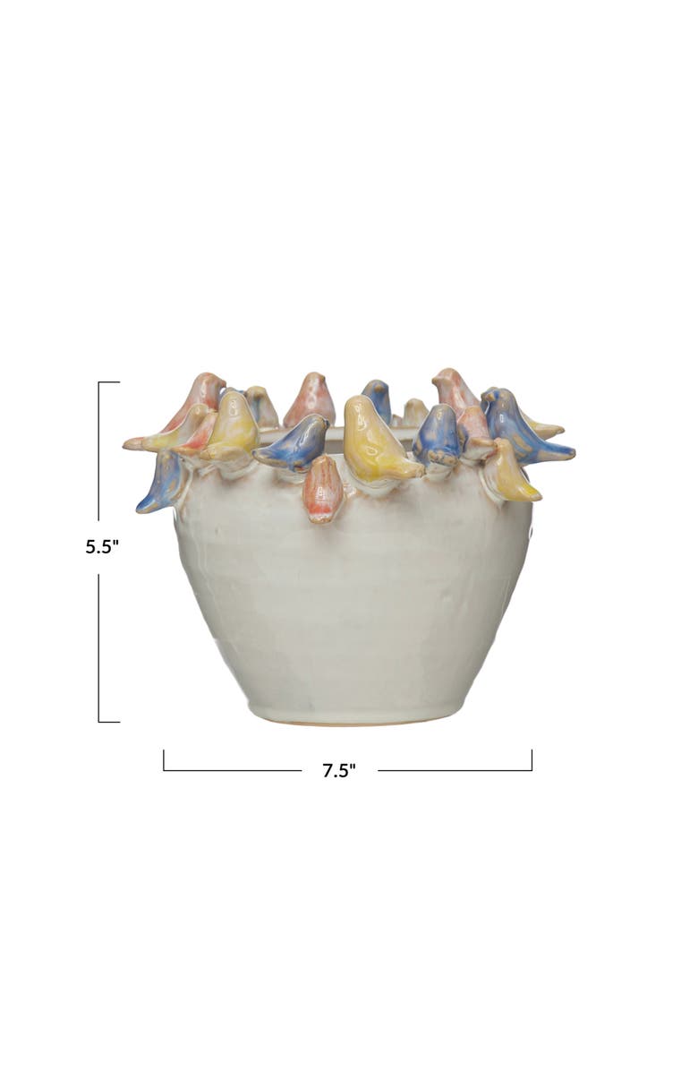 Storied Home Decorative Stoneware Planter with Birds on Rim and Reactive Glaze, Multicolor, Alternate, color, Cream