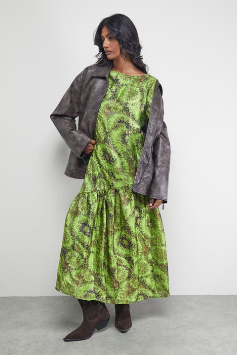 Asymmetric Seam Volume Sleeve Midi Dress