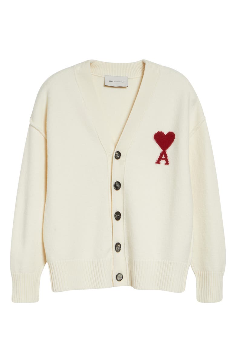 AMI PARIS Ami de Coeur Intarsia Wool Cardigan, Alternate, color, Ecru/ Rouge