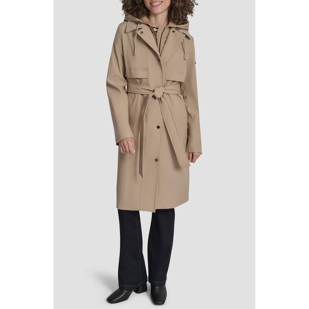 Dkny Softshell Hooded Trench Coat In Brown