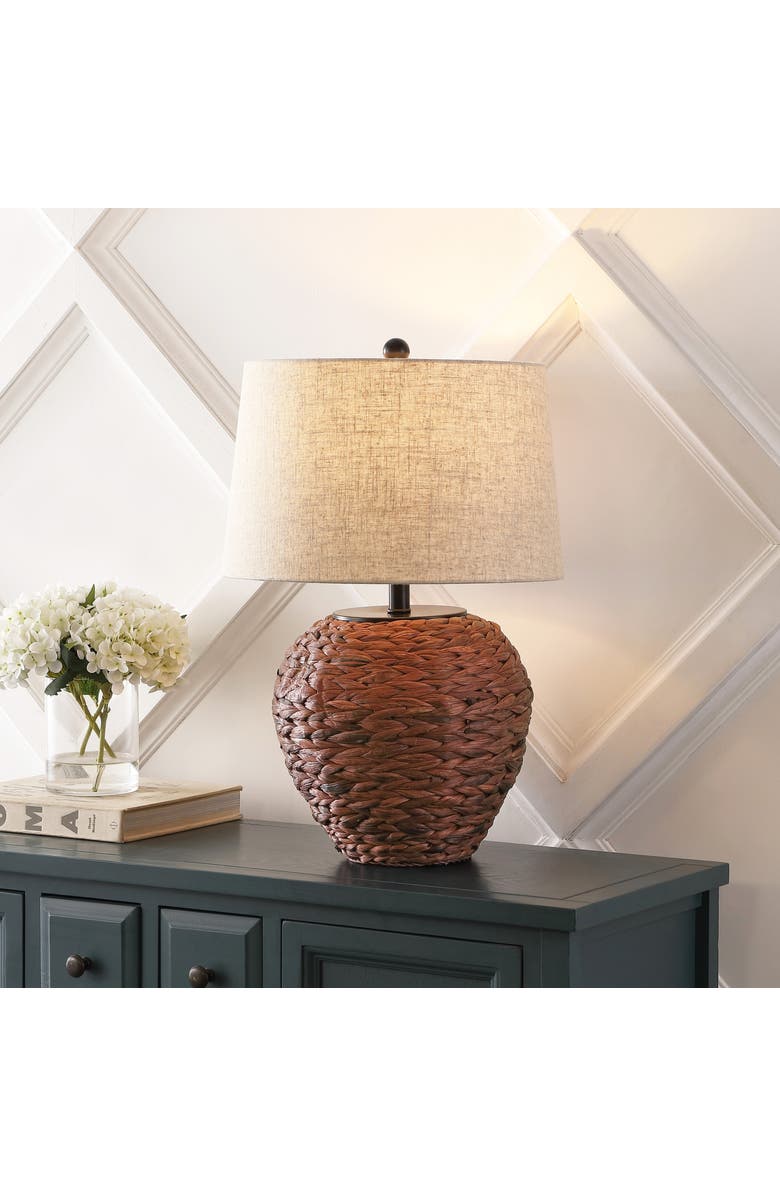 JONATHAN Y Alaro Farmhouse Coastal Water Hyacinth Basket LED Table Lamp, Main, color, Dark Brown