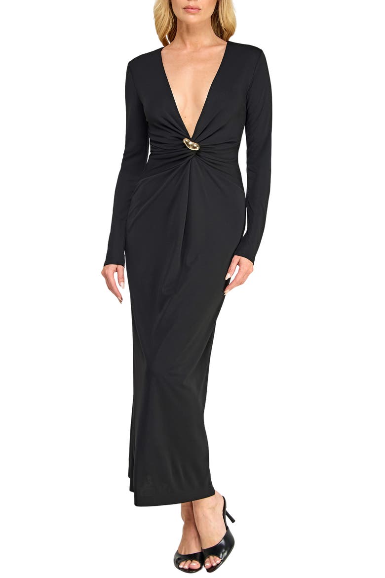 Buckle Detail Long Sleeve V-Neck Midi Dress, Main, color, BLACK