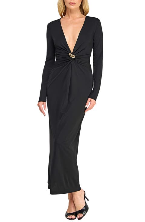 Buckle Detail Long Sleeve V-Neck Midi Dress