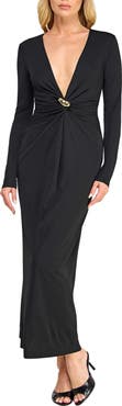 Socialite Buckle Detail Long Sleeve V-Neck Midi Dress