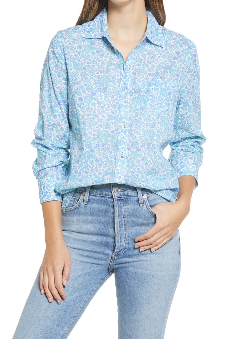 Among the Flowers Chilmark Button-Up Cotton Shirt, Main, color, AQUA HAZE