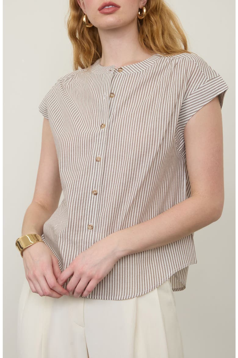 Stripe Cap Sleeve Button-Up Top, Main, color, BROWN