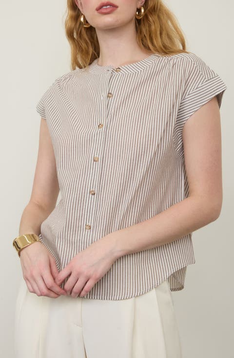 Stripe Cap Sleeve Button-Up Top