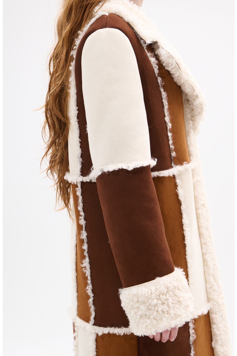 Telluride Longline Patchwork Coat with Faux Fur Collar, Alternate, color, BROWN MULTI