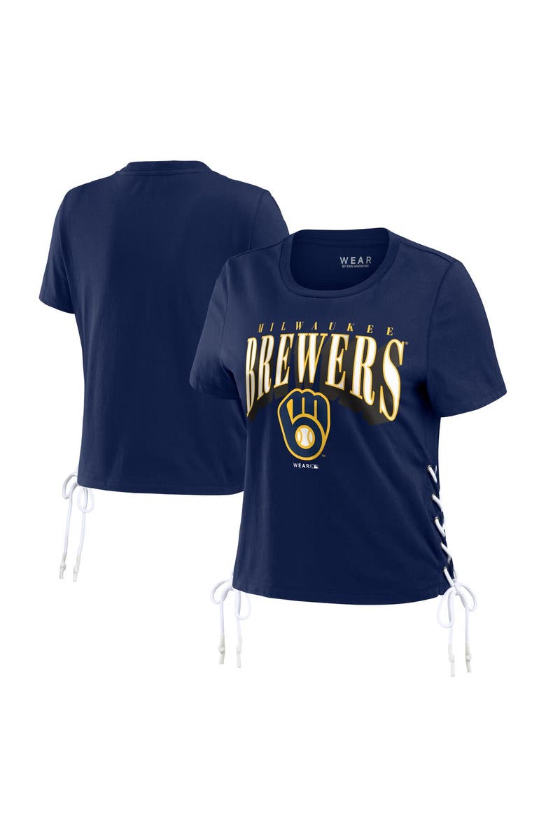 WEAR by Erin Andrews Women's WEAR by Erin Andrews Navy Milwaukee Brewers Side Lace-Up Cropped T-Shirt, Alternate, color,