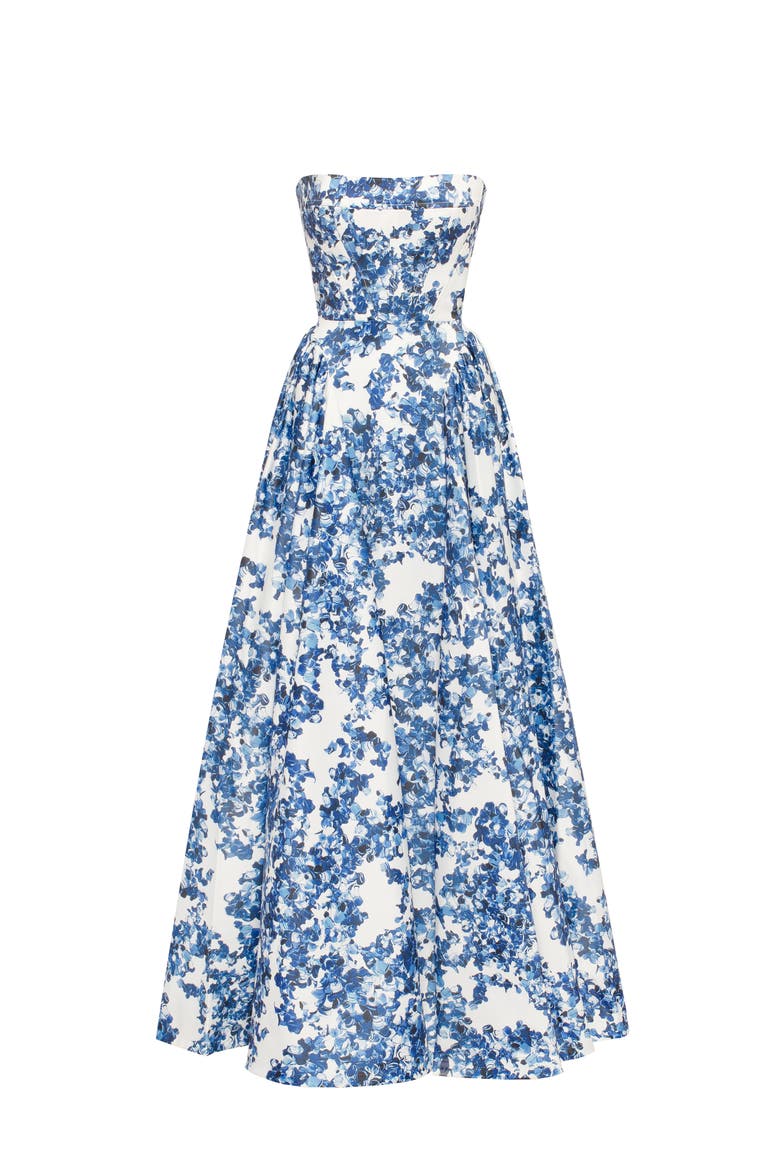 Blue Floral Strapless Maxi Evening Gown with Corset Bodice, Alternate, color, Blue