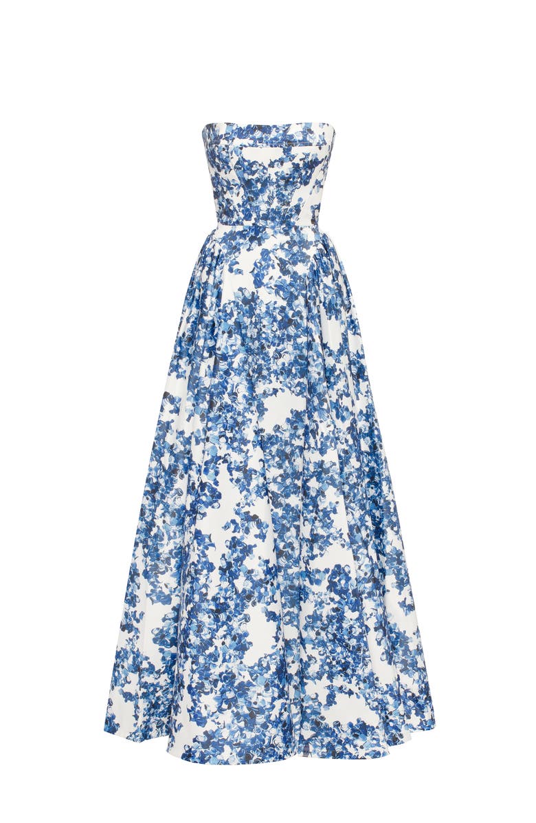 Milla Blue Floral Strapless Maxi Evening Gown with Corset Bodice, Alternate, color, Blue