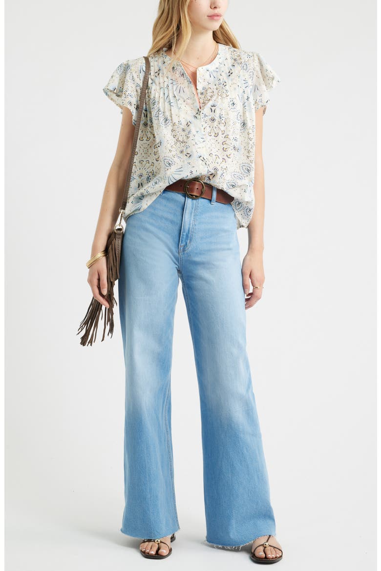 Floral Cotton Pintuck Flutter Sleeve Top, Alternate, color, IVORY- BLUE SCARF FLORAL