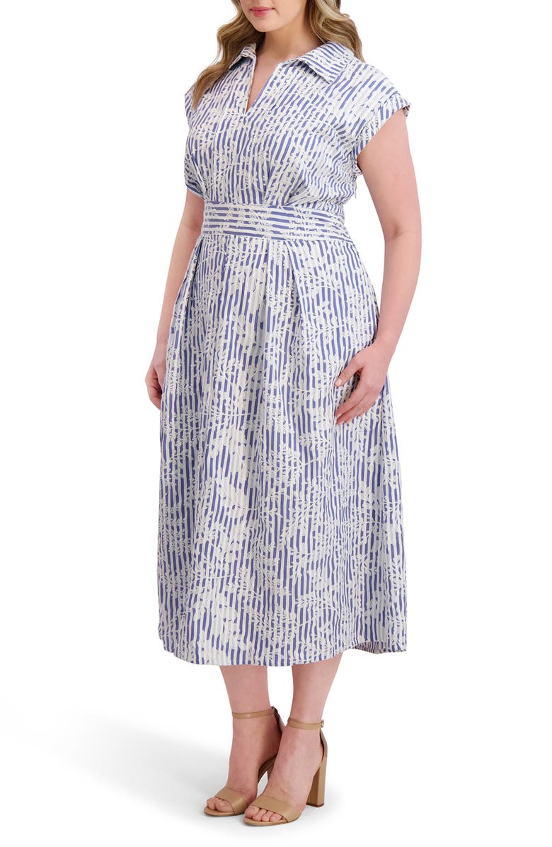 Kensie Embroidered Woven Midi Dress, Alternate, color, Denim/ White