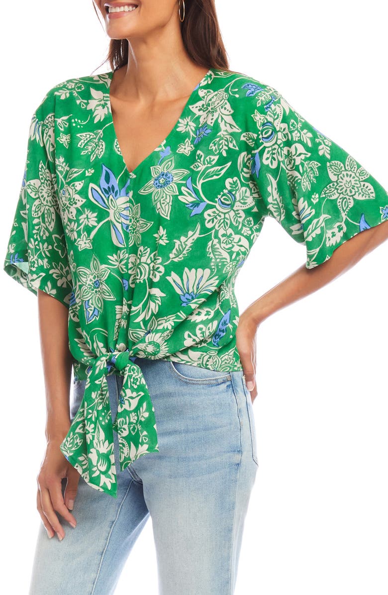 Karen Kane Floral Flutter Sleeve Tie Front Top, Alternate, color, Green Print