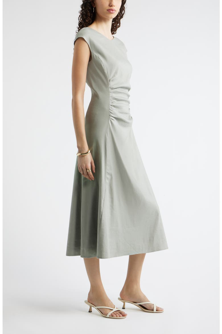 Linen Blend Ruched Midi Dress, Alternate, color, GREEN CHAPARRAL