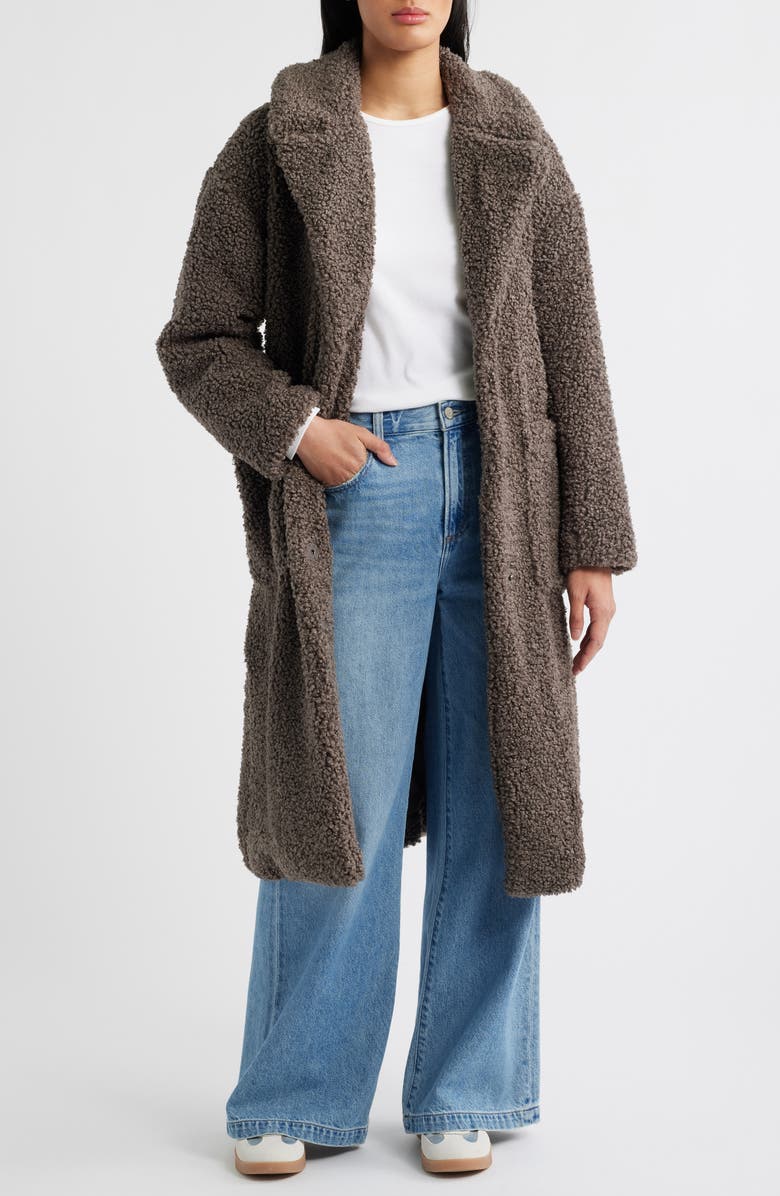 BCBGMAXAZRIA Notch Collar Faux Shearling Long Coat, Alternate, color, Grey