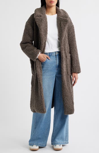 Notch Collar Faux Shearling Long Coat