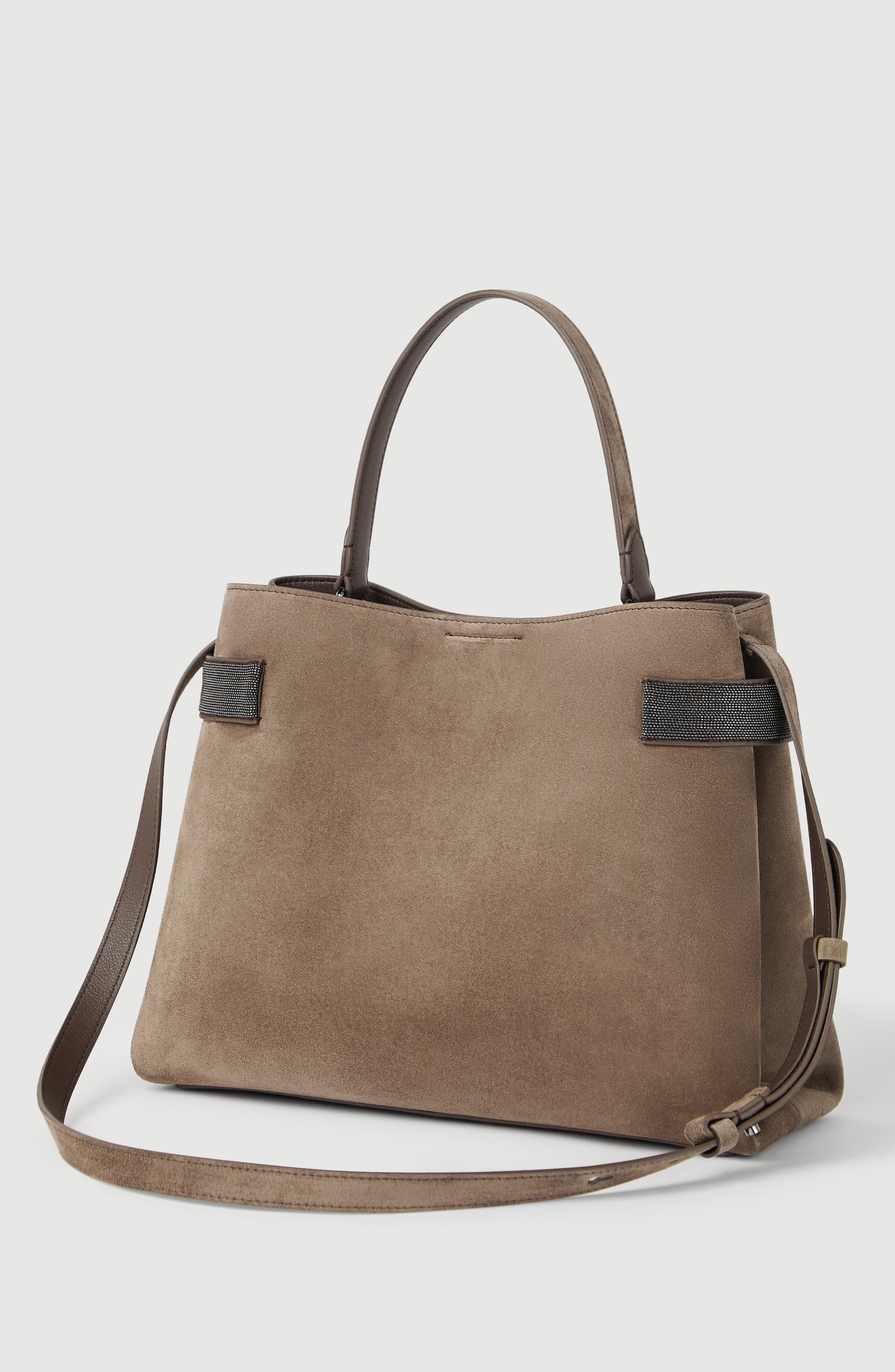 Essence top-handle bag in suede with precious bands, Alternate, color, Bark